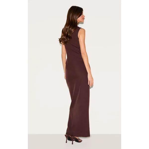 Chocolat Profond Robe Longue Boutonnée En Tissu Tissé