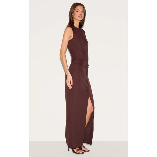 Chocolat Profond Robe Longue Boutonnée En Tissu Tissé