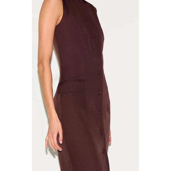 Chocolat Profond Robe Longue Boutonnée En Tissu Tissé