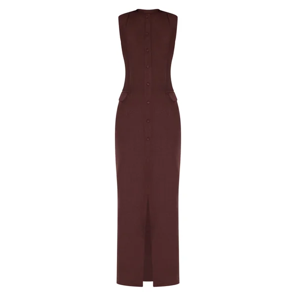 Chocolat Profond Robe Longue Boutonnée En Tissu Tissé