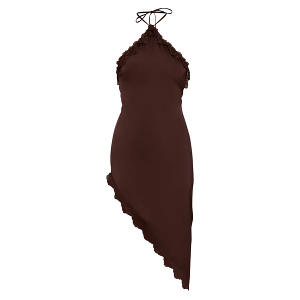 Chocolat Robe Asymétrique À Col Licou Avec Détails Contrastés En Satin Et Dentelle