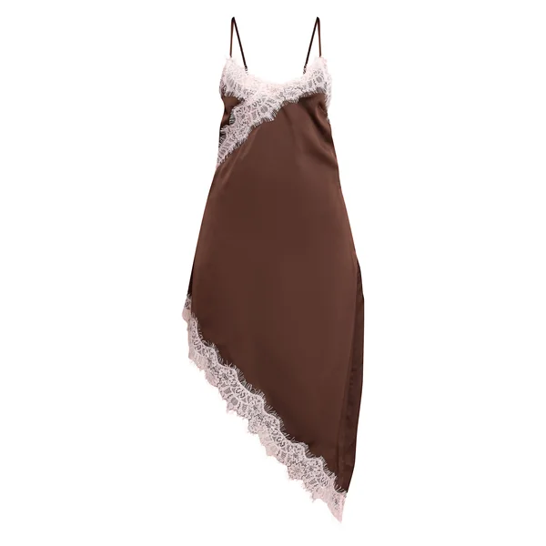 Chocolat Robe Courte Asymétrique En Satin Avec Dentelle