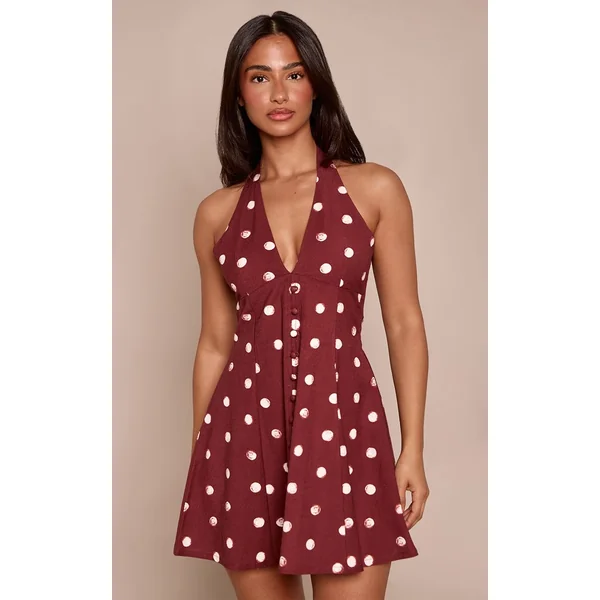 Chocolat Robe Courte Fluide Petite À Pois Avec Encolure Licou Et Boutonnage Aspect Lin