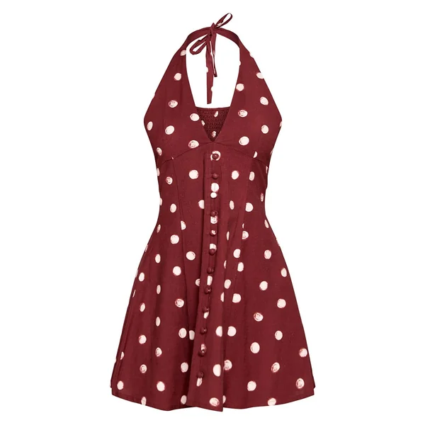 Chocolat Robe Courte Fluide Petite À Pois Avec Encolure Licou Et Boutonnage Aspect Lin