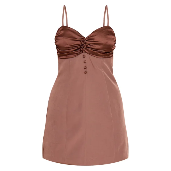Chocolat Robe Droite Courte En Satin Avec Détail Poitrine