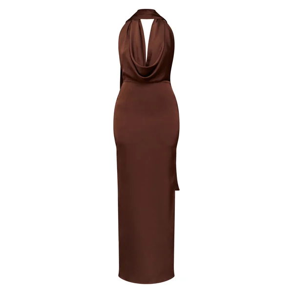 Chocolat Robe Longue Drapée En Satin À Col Bénitier