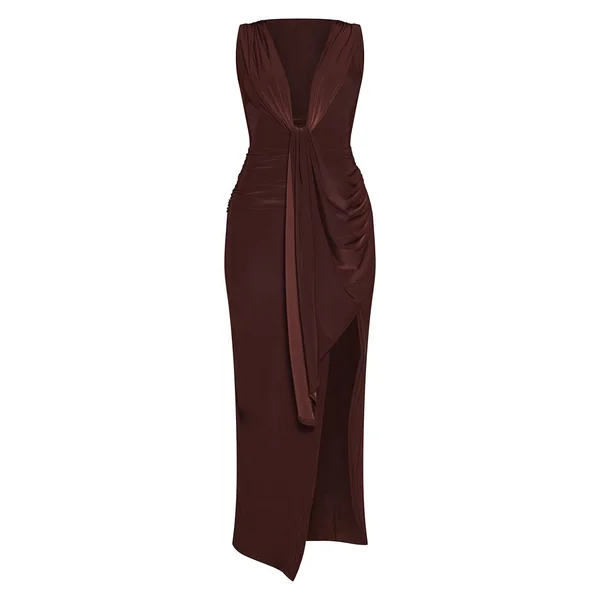 Chocolat Robe Longue Drapée À Double Couche En Jersey Fluide Et Décolleté Plongeant