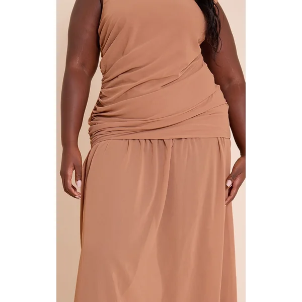 Chocolat Robe Longue Grande Taille En Mousseline Chocolat Froncée Sans Manches Taille Basse