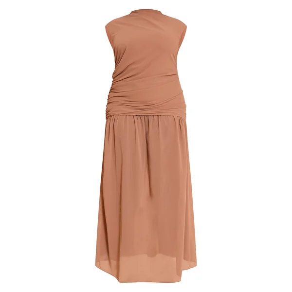 Chocolat Robe Longue Grande Taille En Mousseline Chocolat Froncée Sans Manches Taille Basse