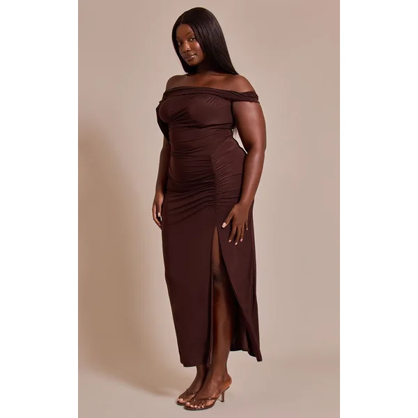 Chocolat Robe Longue Grande Taille En Tissu Slinky Avec Détail Torsadé