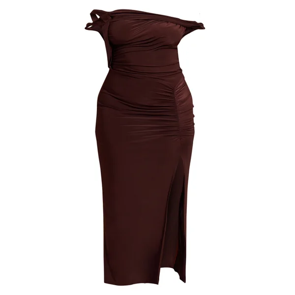 Chocolat Robe Longue Grande Taille En Tissu Slinky Avec Détail Torsadé