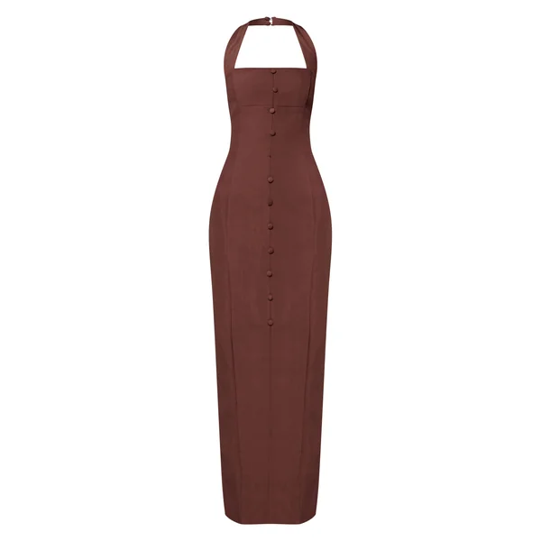 Chocolat Robe Longue Moulante À Encolure Américaine Et Boutons En Tissu Tissé