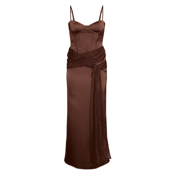 Chocolat Robe Longue Satinée À Corset Avec Détail De Dentelle Drapée