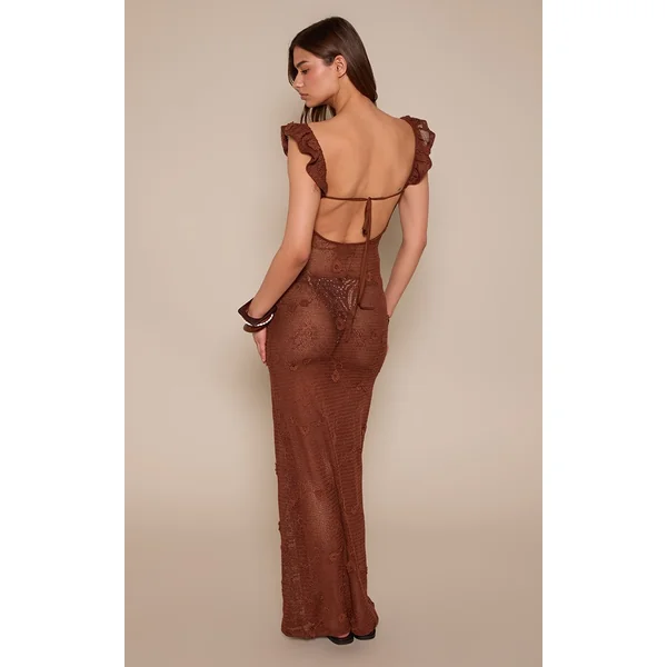 Chocolat Robe Longue Texturée À Bretelles À Volants