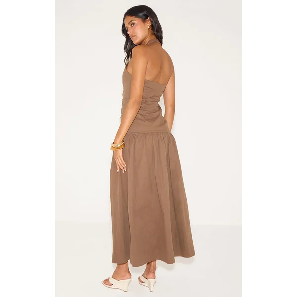 Chocolat Robe Longue Tissée À Détails Froncés