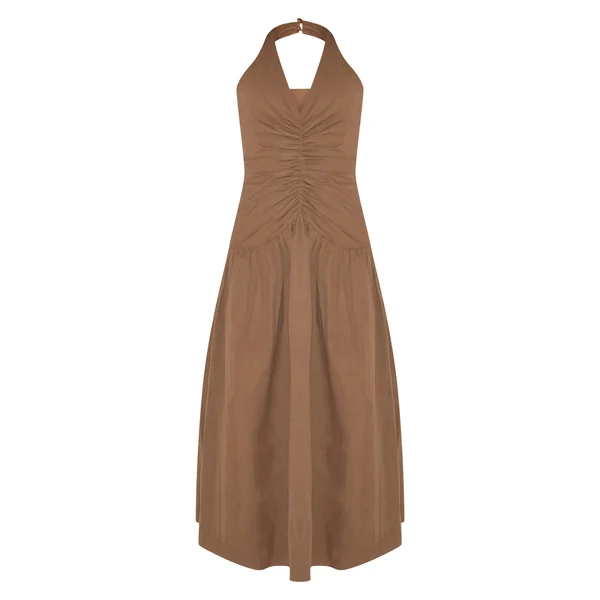 Chocolat Robe Longue Tissée À Détails Froncés