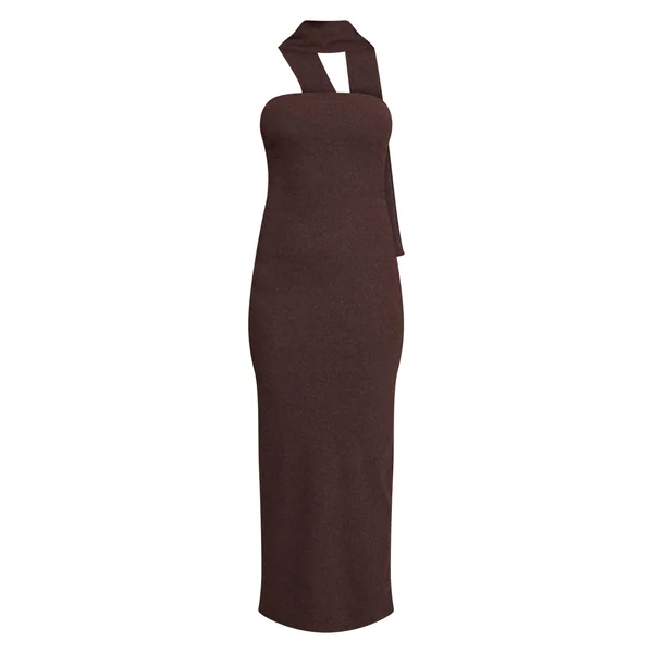 Chocolat Robe Maxi Bandeau Côtelée Brossée Avec Détail Foulard