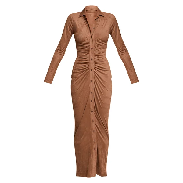 Chocolat Robe Maxi Boutonnée À Manches Longues En Synthétique Froncé