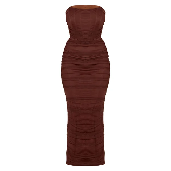 Chocolat Robe Maxi Bustier Corset Moulante En Mesh Froncé