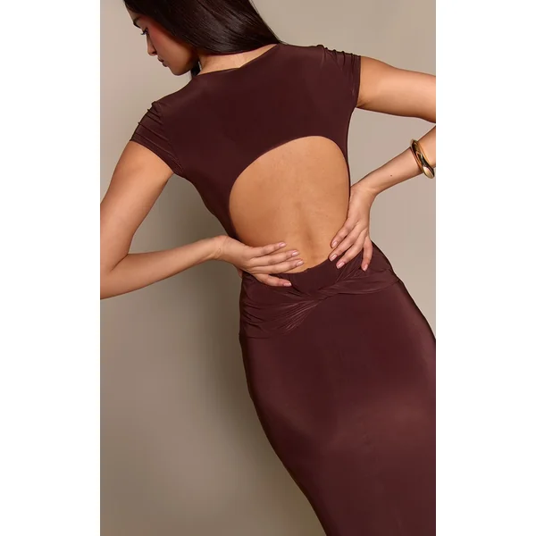 Chocolat Robe Maxi Drapée Dos Nu En Jersey Double Épaisseur
