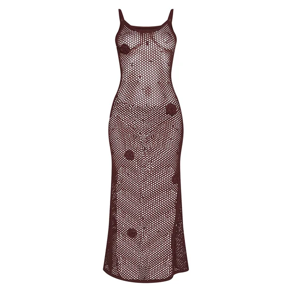 Chocolat Robe Maxi En Crochet Avec Appliqués Floraux Et Finitions Perlées