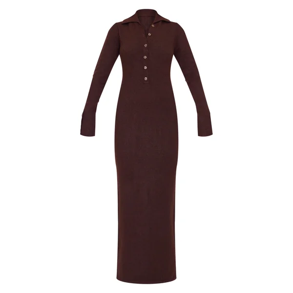 Chocolat Robe Maxi En Maille Bouclette Douce Avec Col Et Boutonnière