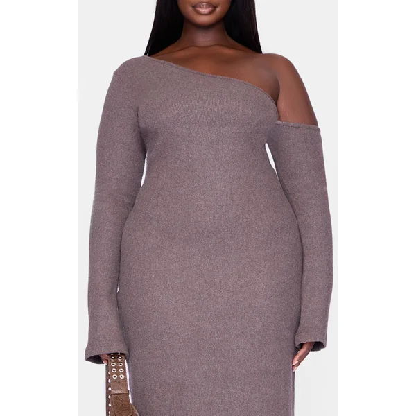 Chocolat Robe Maxi Grande Taille En Tissu Brossé Épais À Fronces Asymétriques