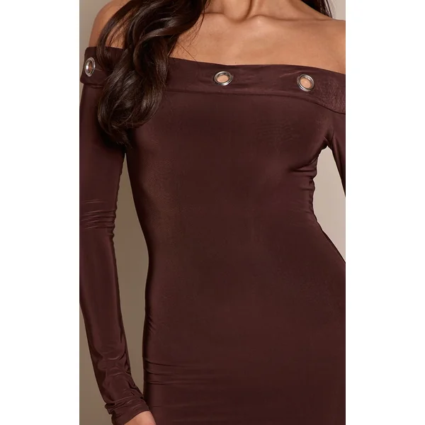 Chocolat Robe Mini Bardot À Manches Longues En Tissu Slinky Double Couche Avec Œillets