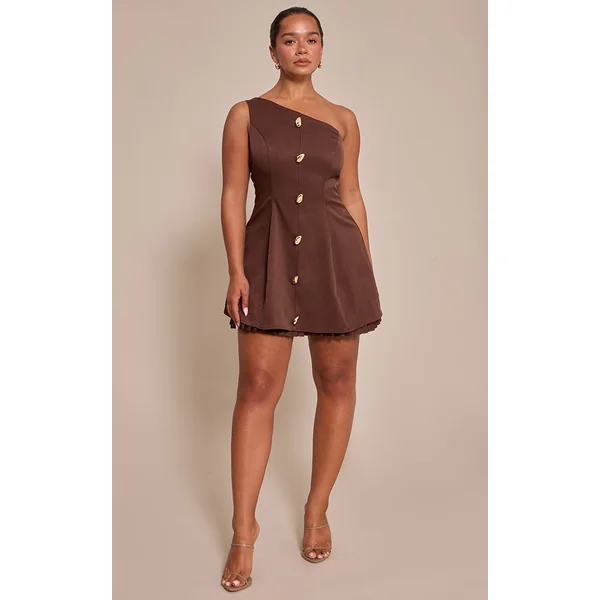 Chocolat Robe Mini Shape À Jupe Plissée Contrastante Et Épaule Dénudée
