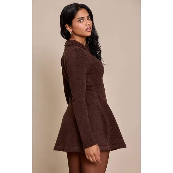 Chocolat Robe Mini Tricotée À Manches Longues Et Jupe Évasée Petite Taille