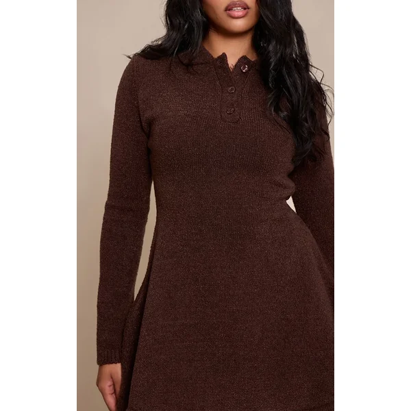Chocolat Robe Mini Tricotée À Manches Longues Et Jupe Évasée Petite Taille