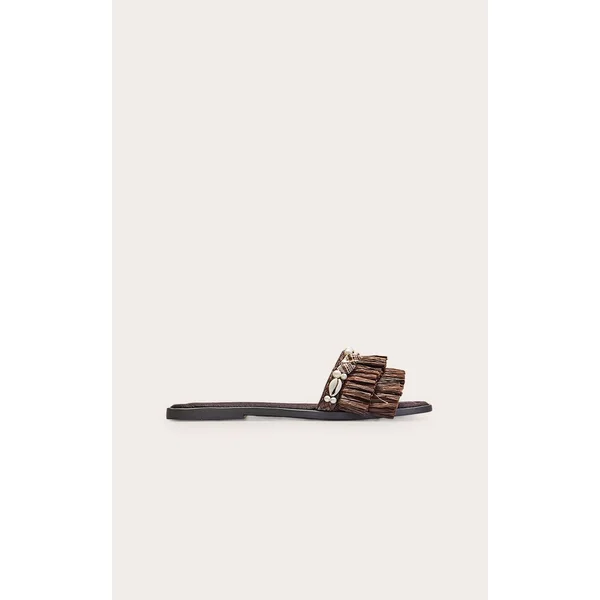Chocolat Sandales Plates Mules En Raphia Ornées De Coquillages