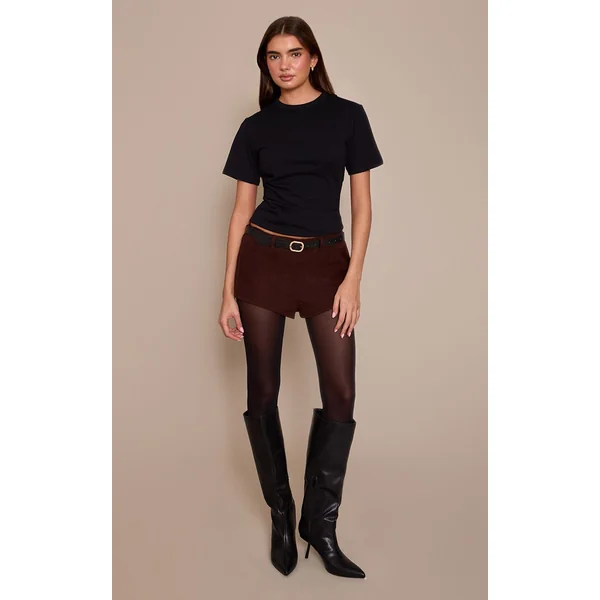 Chocolat Short Taille Haute Côtelé Tissé Brossé Avec Ceinture