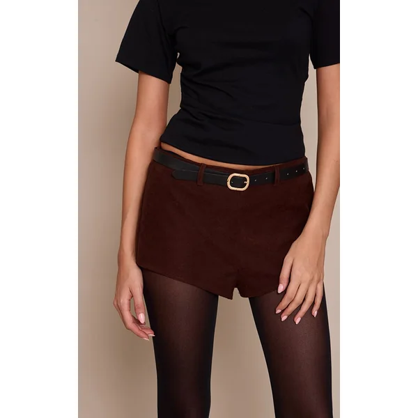 Chocolat Short Taille Haute Côtelé Tissé Brossé Avec Ceinture