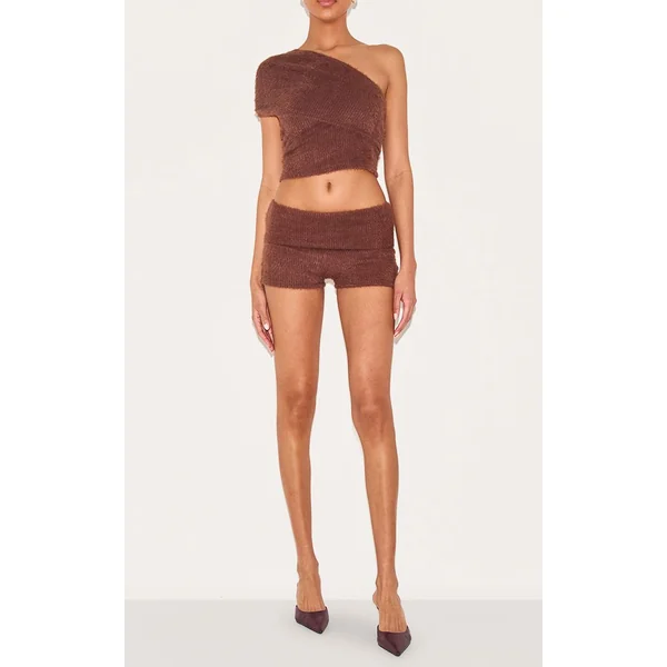 Chocolat Short Taille Haute À Revers En Maille Duveteuse Texturée