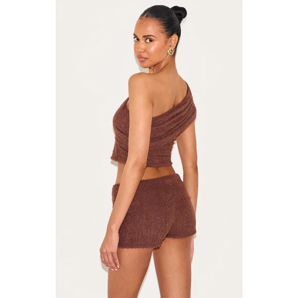 Chocolat Short Taille Haute À Revers En Maille Duveteuse Texturée