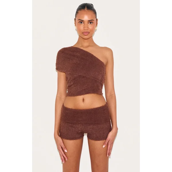 Chocolat Short Taille Haute À Revers En Maille Duveteuse Texturée