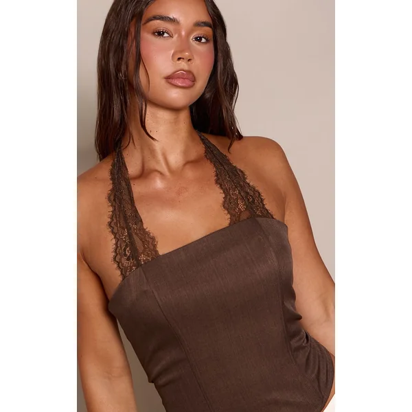 Chocolat Top Corset Dos Nu À Détails De Dentelle Tissée