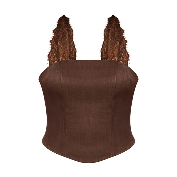 Chocolat Top Corset Dos Nu À Détails De Dentelle Tissée