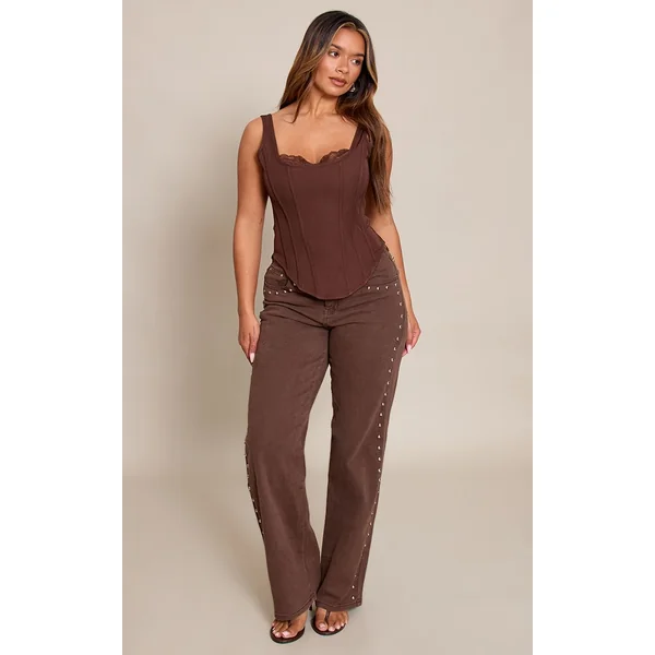 Chocolat Top Corset Long À Encolure Carrée Et Finitions En Dentelle Shape