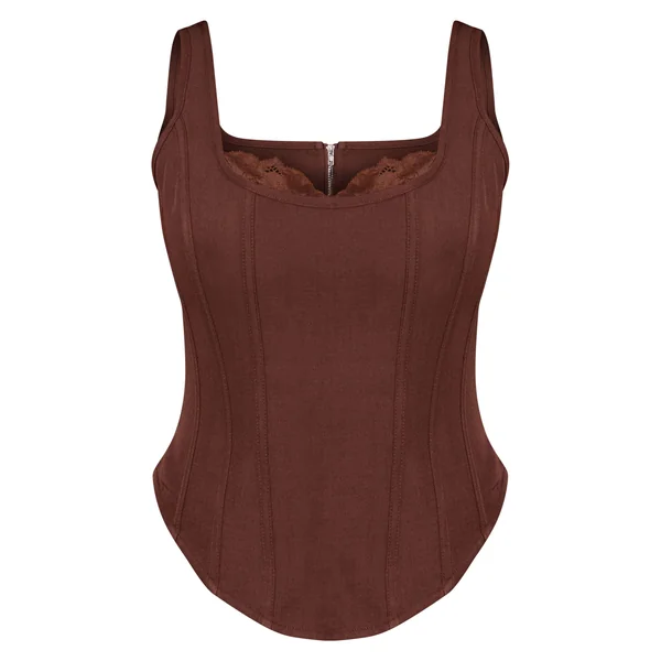 Chocolat Top Corset Long À Encolure Carrée Et Finitions En Dentelle Shape