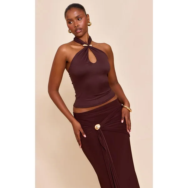 Chocolat Top Long Col Licou À Détail Bordure Double Couche Toucher Doux