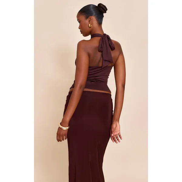 Chocolat Top Long Col Licou À Détail Bordure Double Couche Toucher Doux