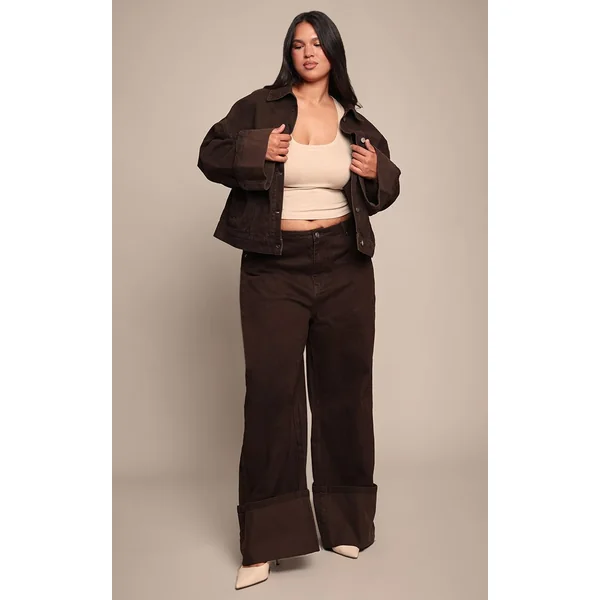 Chocolat Veste En Jean Grande Taille Délavage Brut Avec Revers Et Surpiqûres Contrastées