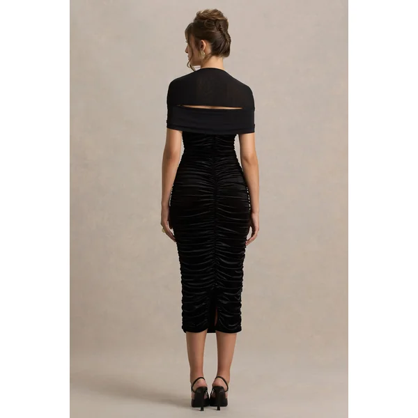 Chrissy | Robe mi-longue en velours noir à encolure carrée avec manches en tulle et détails froncés