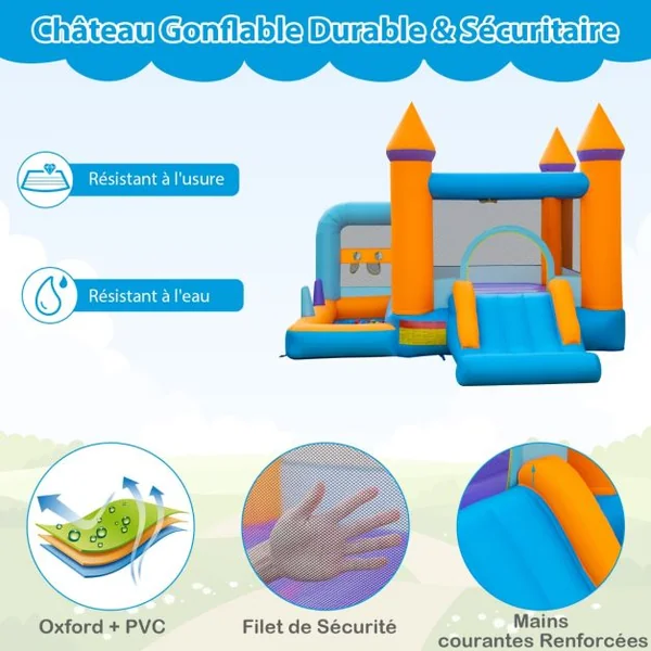 Château Gonflable 5 en 1 avec Ventilateur Toboggan Maison de Saut Gonflable avec Piscine à Balles Panier de Basketball 50 Balles Océaniques Charge 90kg
