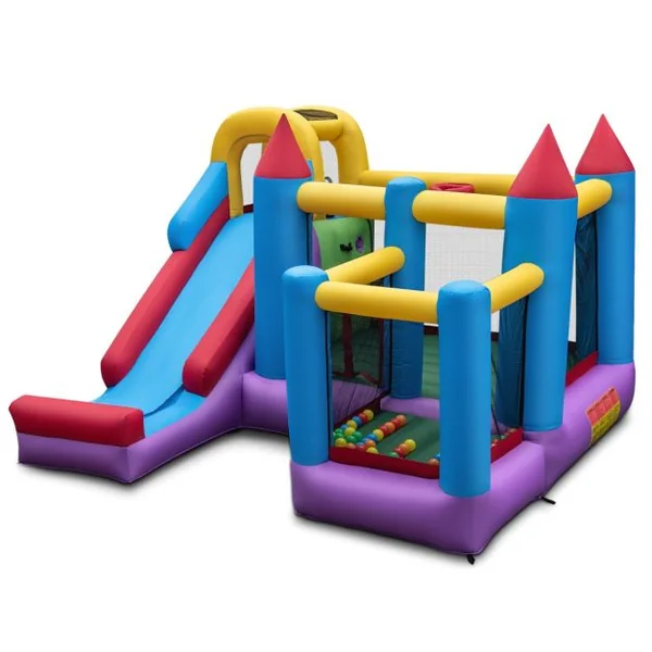 Château Gonflable 5-en-1 Toboggan Trampoline Piscine à Balles Mur d'Escalade Panier de Basket-ball Grande Maison de Saut Gonflable pour Jardin (sans Souffleur)