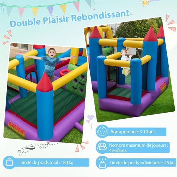Château Gonflable 5-en-1 Toboggan Trampoline Piscine à Balles Mur d'Escalade Panier de Basket-ball Grande Maison de Saut Gonflable pour Jardin (sans Souffleur)