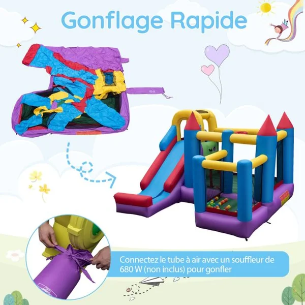 Château Gonflable 5-en-1 Toboggan Trampoline Piscine à Balles Mur d'Escalade Panier de Basket-ball Grande Maison de Saut Gonflable pour Jardin (sans Souffleur)