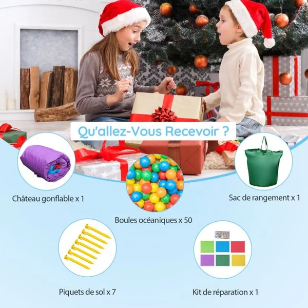 Château Gonflable 5-en-1 Toboggan Trampoline Piscine à Balles Mur d'Escalade Panier de Basket-ball Grande Maison de Saut Gonflable pour Jardin (sans Souffleur)